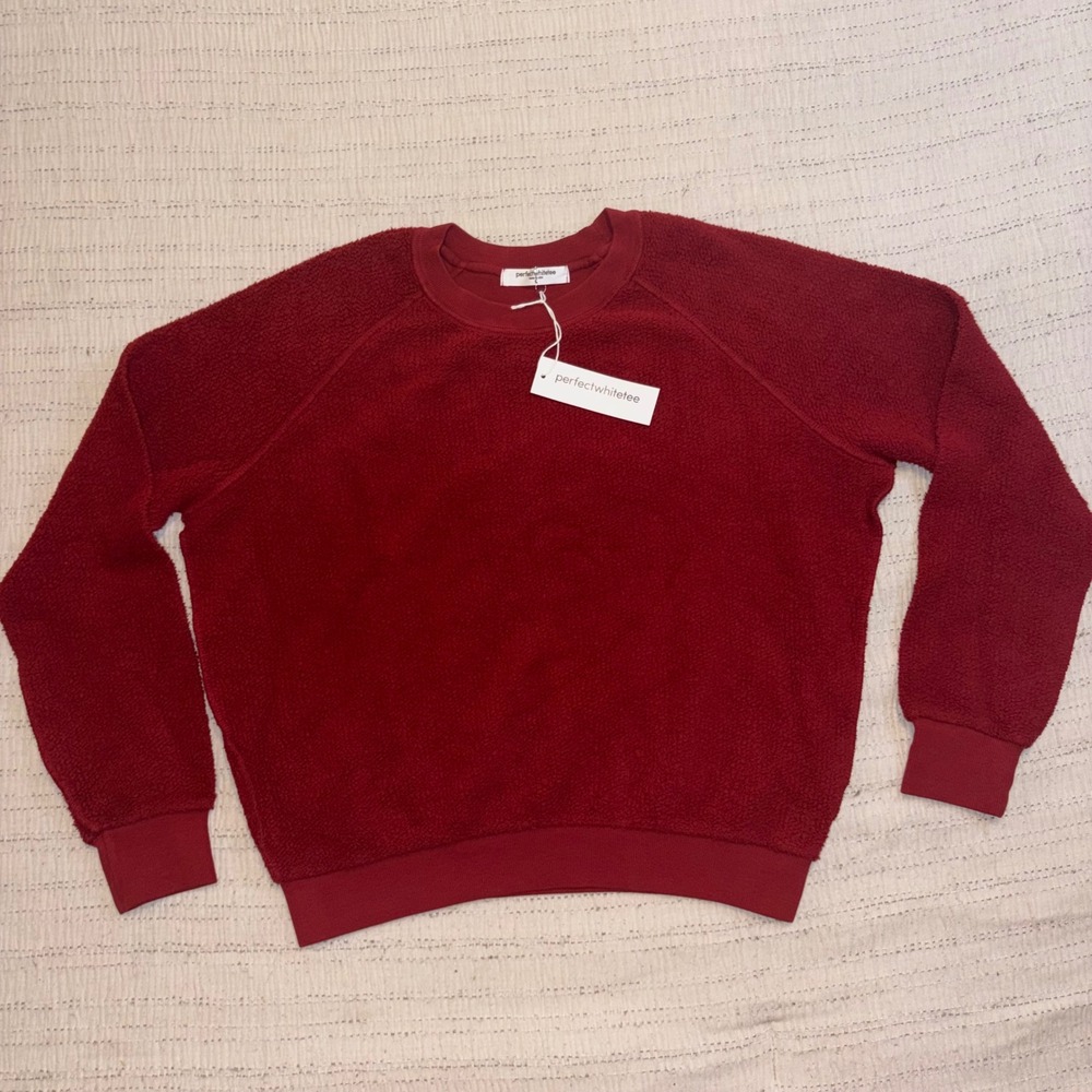 Perfectwhitetee Women Red Reverse Fleece $110 Sweatshirt Made in USA Small